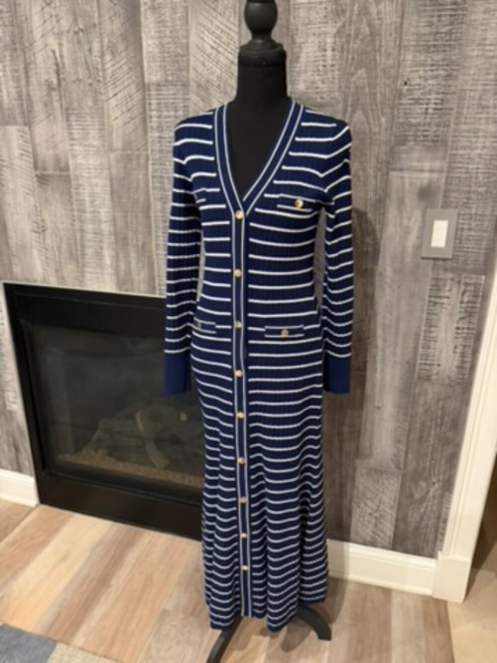 J.Crew Deep Blue & White Striped Maxi Dress with gold. buttons - Small